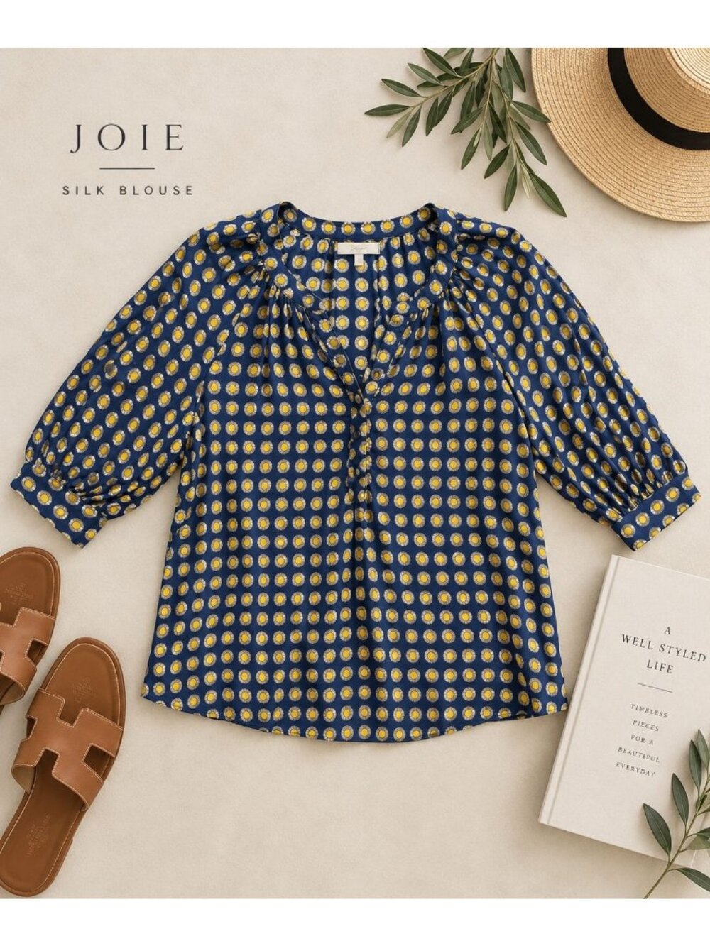 Joie Navy & Yellow Silk Blouse With Floral Print & 3/4 Sleeves Button Details Bo